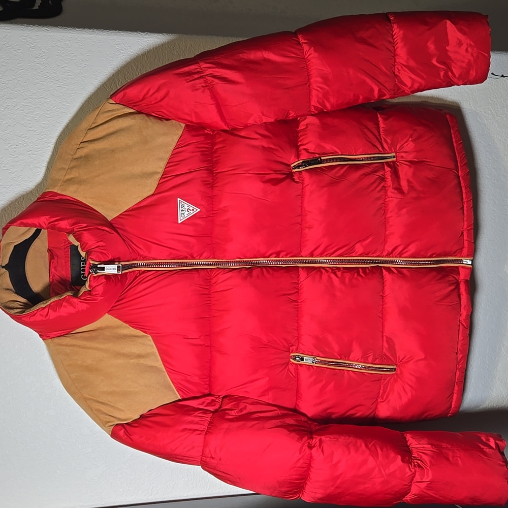 GUESS Larry Fabric Block Puffer Jacket Red Large - Picture 4 of 10
